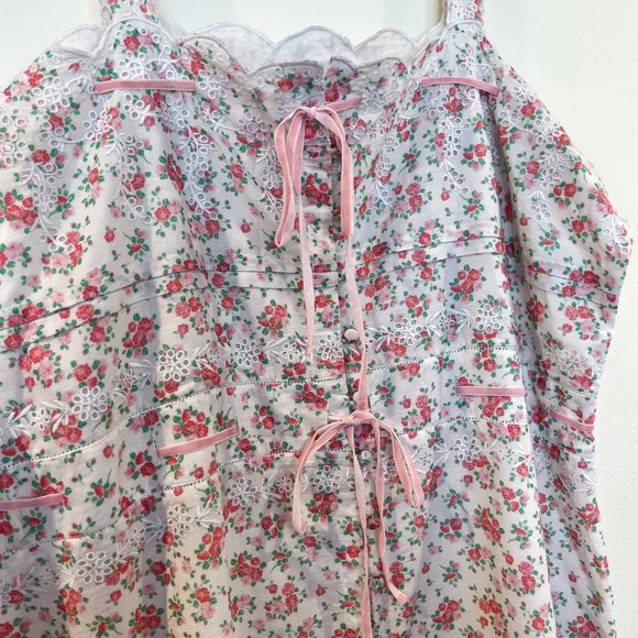 Praerie Brittany Pink Floral Lace Cottagecore Preppy Button Down Midi Dress L - Picture 6 of 10
